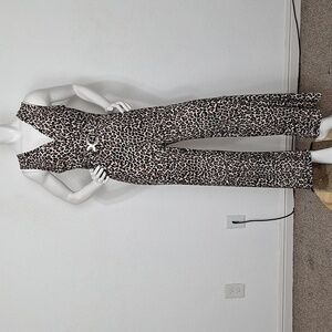 Pinc "NEW" Black Tan Animal Print Front Ring Wide Leg Mobwife Jumpsuit Size XL
